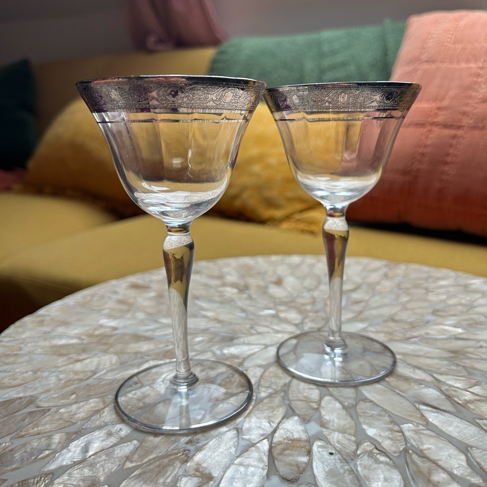 Two Mid-Century Glastonbury Lotus Rambler Rose 1125 Platinum Stemmed Glass, 5.5”